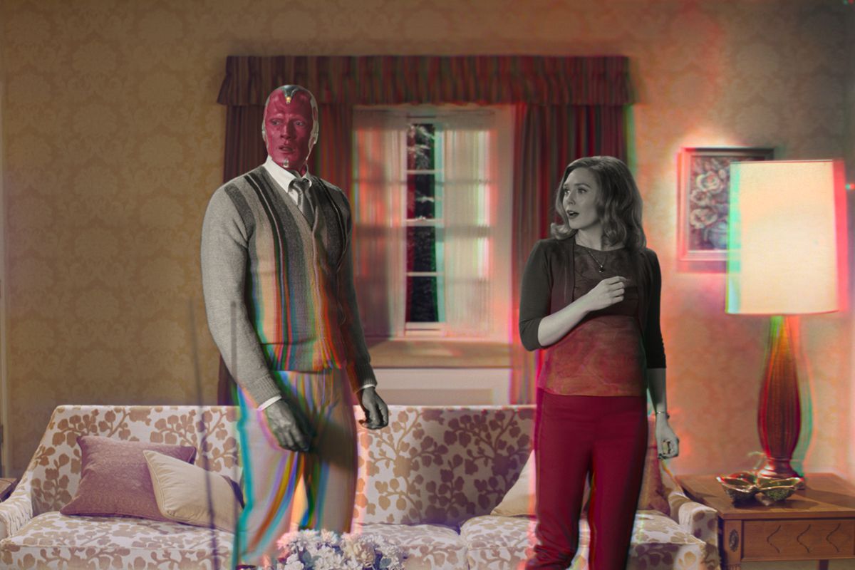 vision and scarlet witch fade from black and white to color in wandavision