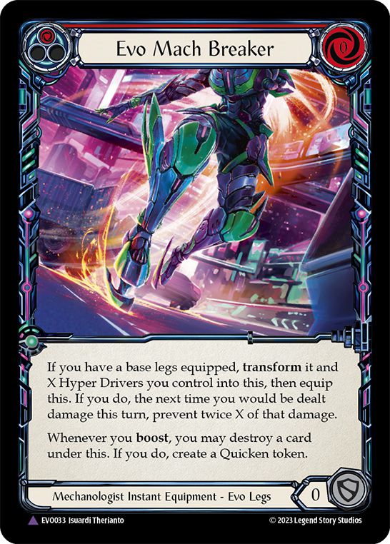 Evo Mach Breaker, a card from Flesh and Blood Bright Lights, has a boost ability and rewards with a quicken token.