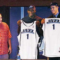 The Jazz's Kevin O'Connor, left, joins first-round picks Kirk Snyder, center, and Kris Humphries as the Jazz introduced its two newest additions to the media on Friday. Humphries was selected No. 14, Snyder No. 16.