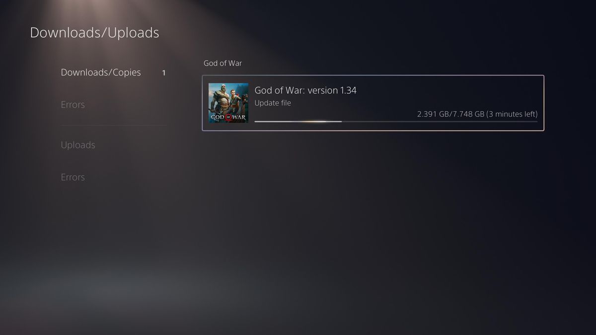 the PS5’s Downloads/Uploads screen showing a download of a God of War update file in progress