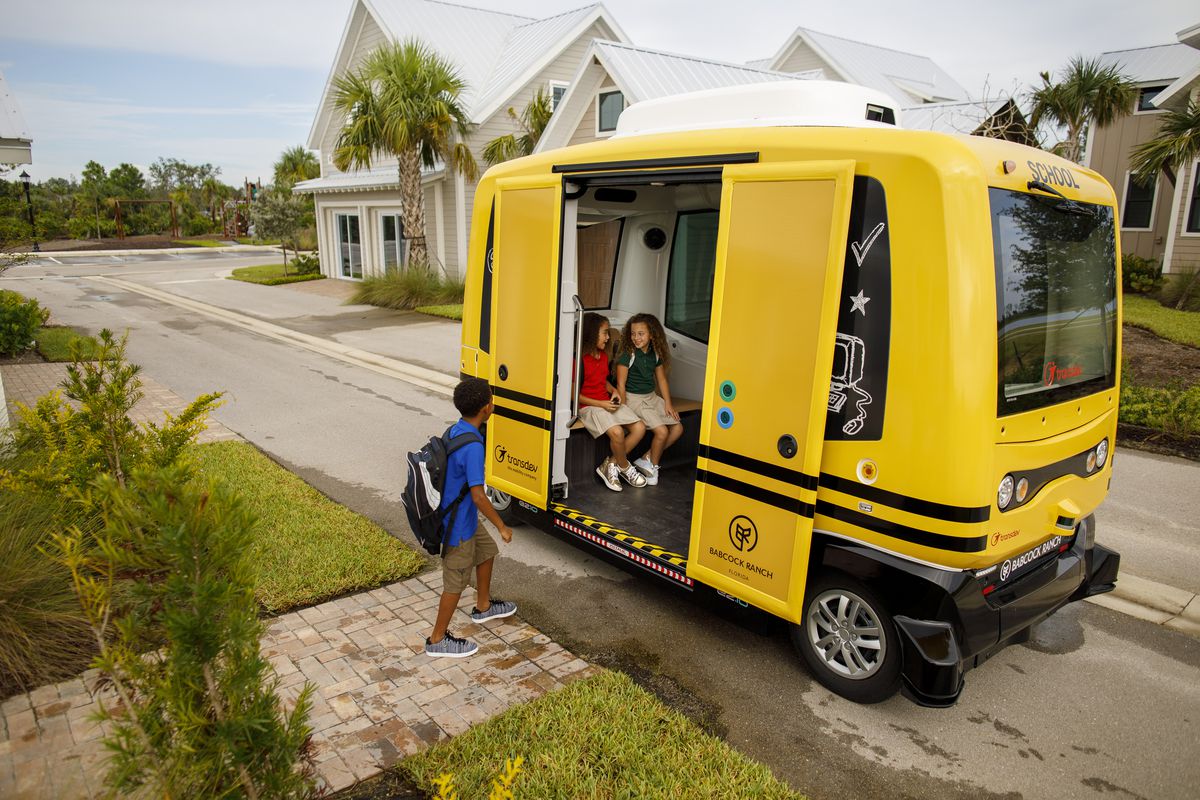 Autonomous yellow school shuttle bus 