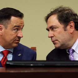 House Speaker Greg Hughes, R-Draper, and Minority Leader Rep. Brian King, D-Salt Lake City, talk during a meeting with members of the Utah House at the Capitol in Salt Lake City on Tuesday, June 20, 2017. Lawmakers met to discuss the special election to replace Rep. Jason Chaffetz.