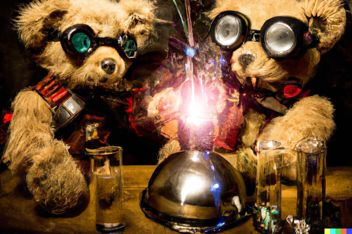 DALL-E 2 results for “Teddy bears mixing sparkling chemicals as mad scientists, steampunk.”