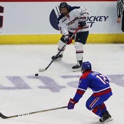 The UMass Lowell River Hawks take on the UConn Huskies in a men’s college hockey game at the XL Center in Hartford, CT on November 16, 2018.