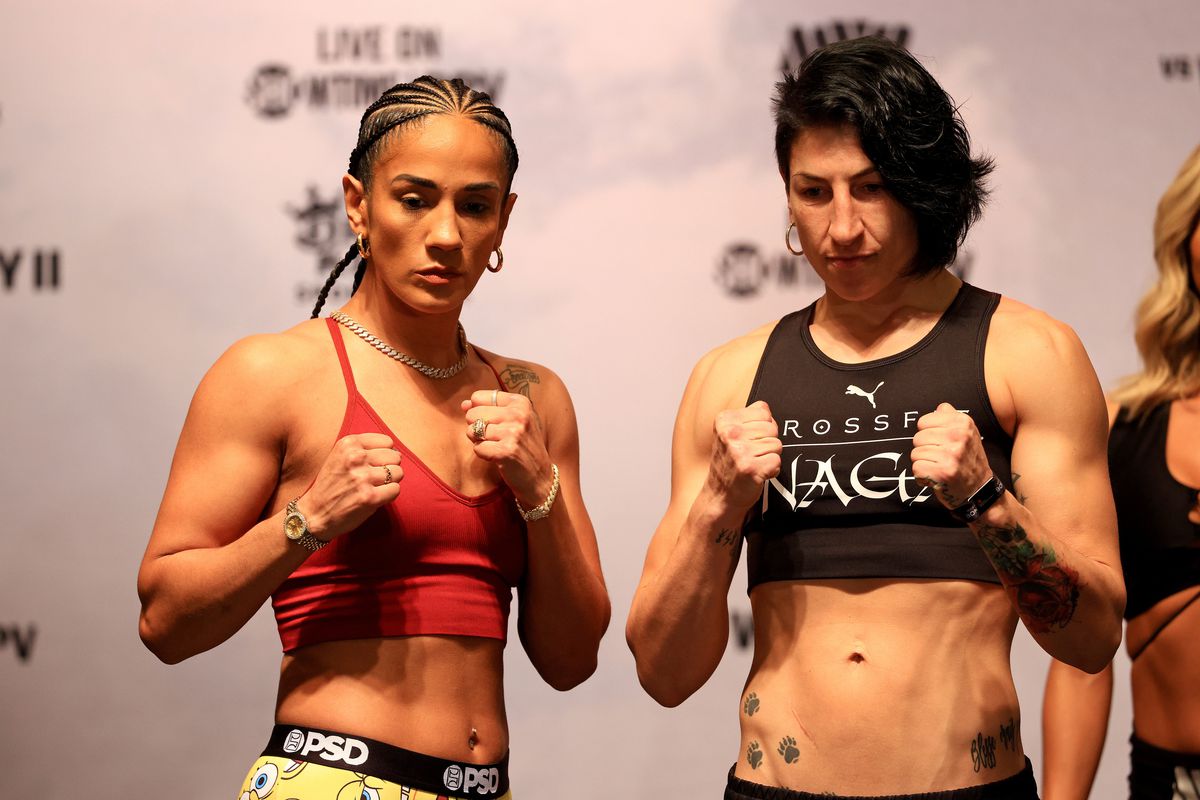 Amanda Serrano and Miriam Gutierrez poses during a weigh in at the Hard Rock Hotel and Casino ahead of this weekends fight on December 17, 2021 in Tampa, Florida.