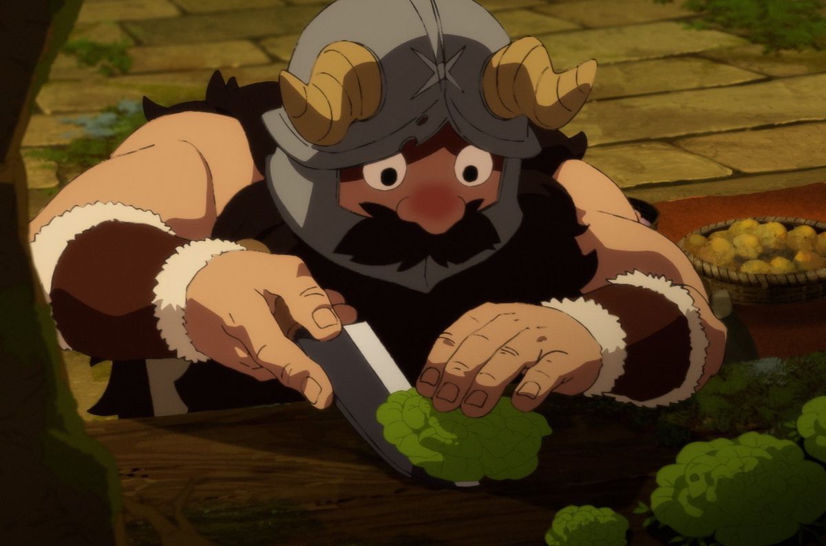 a bearded dwarf warrior wearing a horned helmet slices a leafy vegetable from a branch in Delicious in Dungeon
