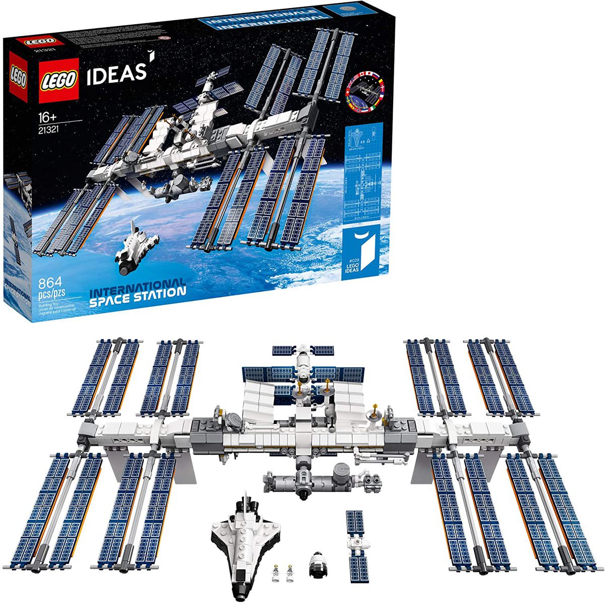 The box and finished product for the International Space Station Lego Ideas set