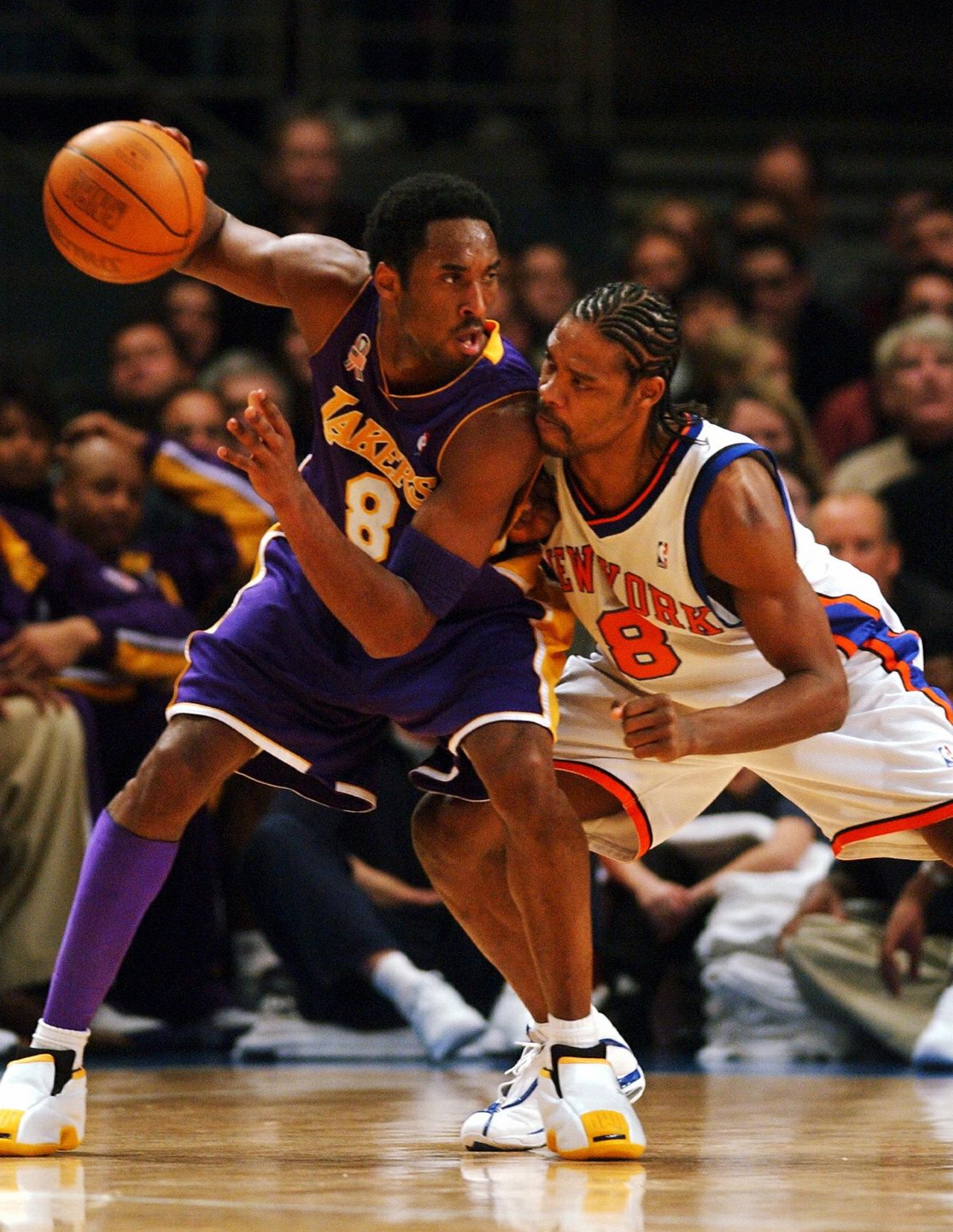 The New York Knicks’ Latrell Sprewell putting some pressure on the Los Angeles Lakers’ Kobe Bryant in 2002