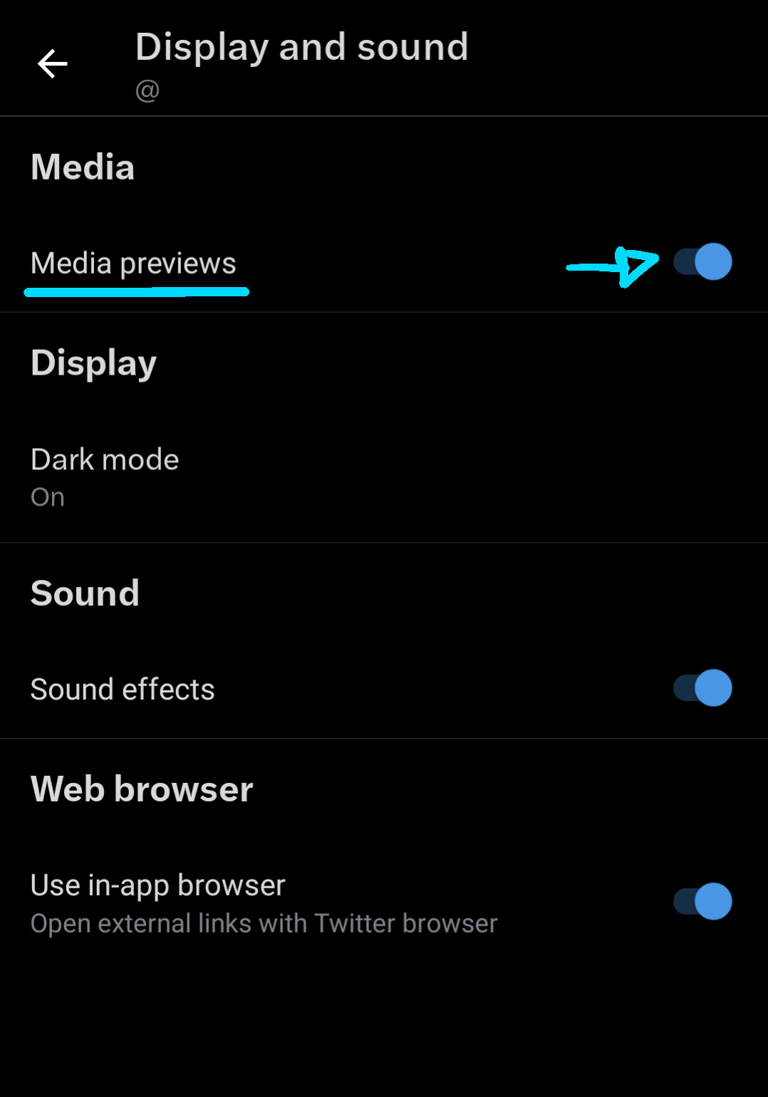 The display and sound submenu in Twitter’s accessibility settings, with the ‘media previews’ location highlighted at the top of the image below the media subtitle.