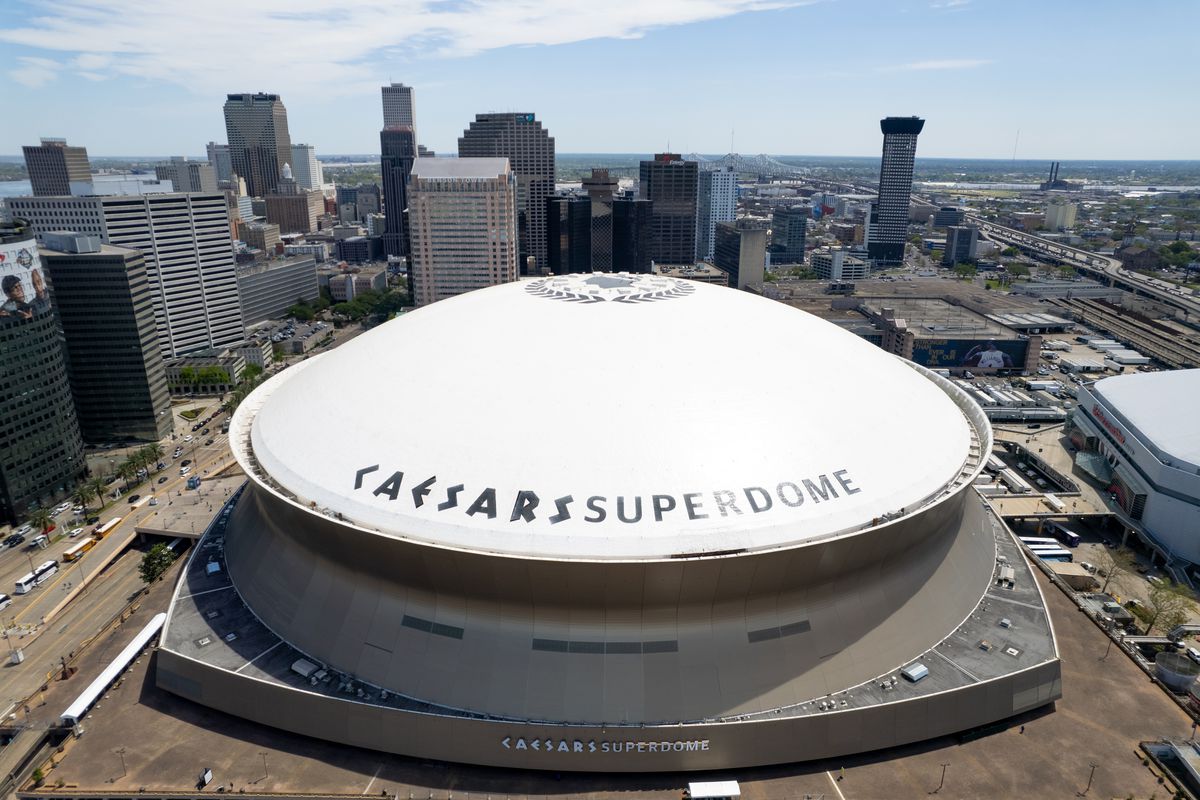 An aerial view of Caesars Superdome and the surrounding area ahead of the 2022 NCAA Men’s Basketball Final Four on April 1, 2022 in New Orleans, Louisiana.
