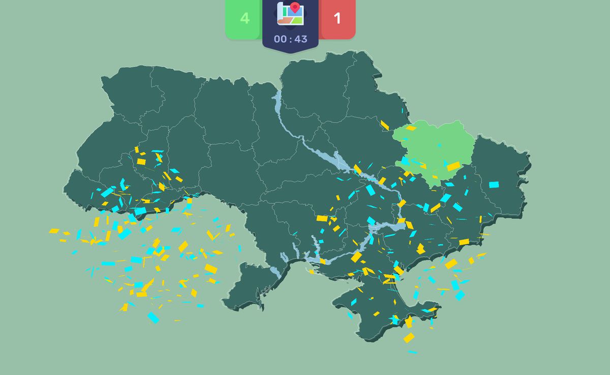 Peta Ukraina dengan penghitung waktu dan papan skor di bagian atas.  Confetti terbang di udara, kuning dan biru.