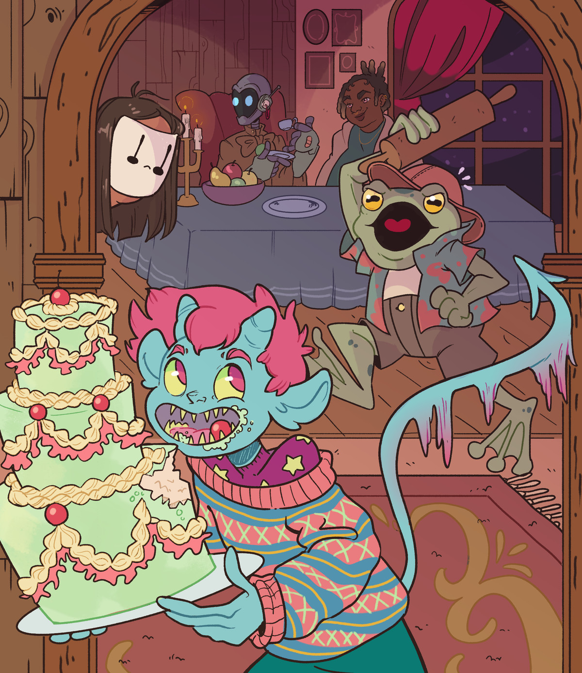 A larger version of the cropped image, showing more characters from the bead and breakfast. The include a Black person, a robot, a frog, and someone in a white mask.