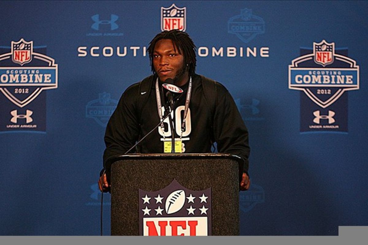 Feb 25, 2012; Indianapolis, IN, USA; Alabama Crimson Tide linebacker Courtney Upshaw who is projected to be a top ten draft pick speaks at a press conference during the NFL Combine at Lucas Oil Stadium. Mandatory Credit: Brian Spurlock-US PRESSWIRE