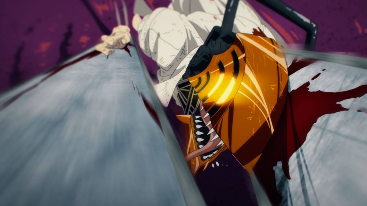 A shot of Denji, transformed into Chainsaw Man, tearing into a Devil with his tongue hanging out in Chainsaw Man.