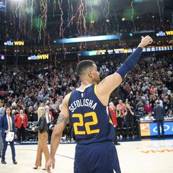 Utah Jazz forward Thabo Sefolosha (22) gives a thumbs-up after his team's 104-101 win over the Cleveland Cavaliers at Vivint Arena in Salt Lake City on Saturday, Dec. 30, 2017.