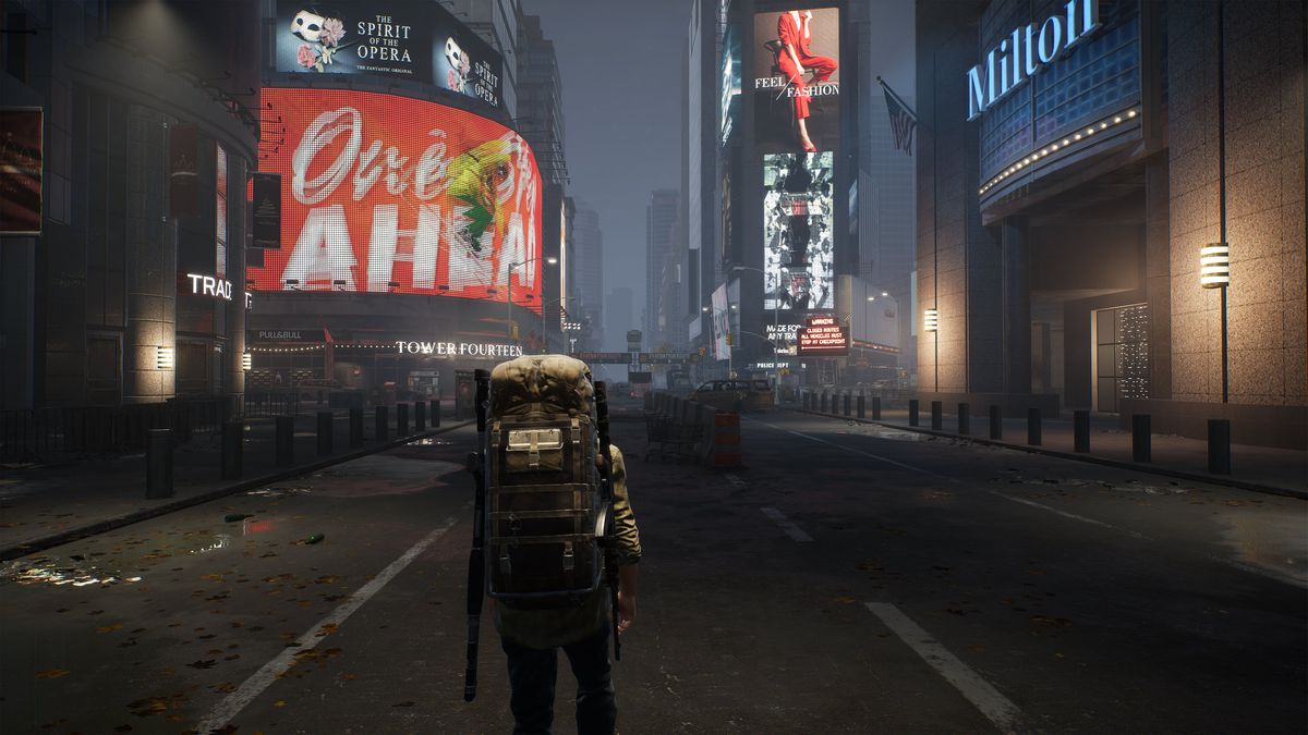 A survival walks through a derelict city center at night in a screenshot from The Day Before