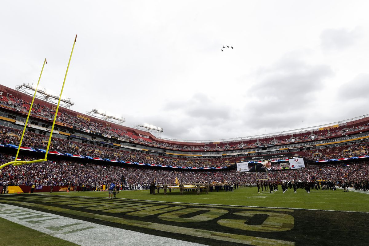 A general view of the pregame flyover prior to the game between the Minnesota Vikings and the Washington Commanders at FedExField on November 06, 2022 in Landover, Maryland.
