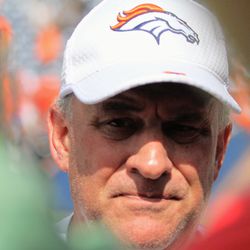 Broncos Head Coach Vic Fangio speaks with the media after the team’s practice at Broncos Stadium at Mile High. 
