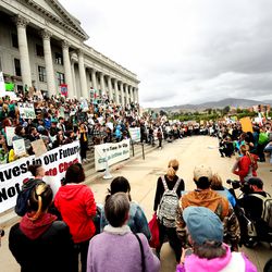 Hundreds of climate activists seeking action from local and state leaders to combat climate change rally at the Capitol in Salt Lake City on Friday, Sept. 20, 2019.