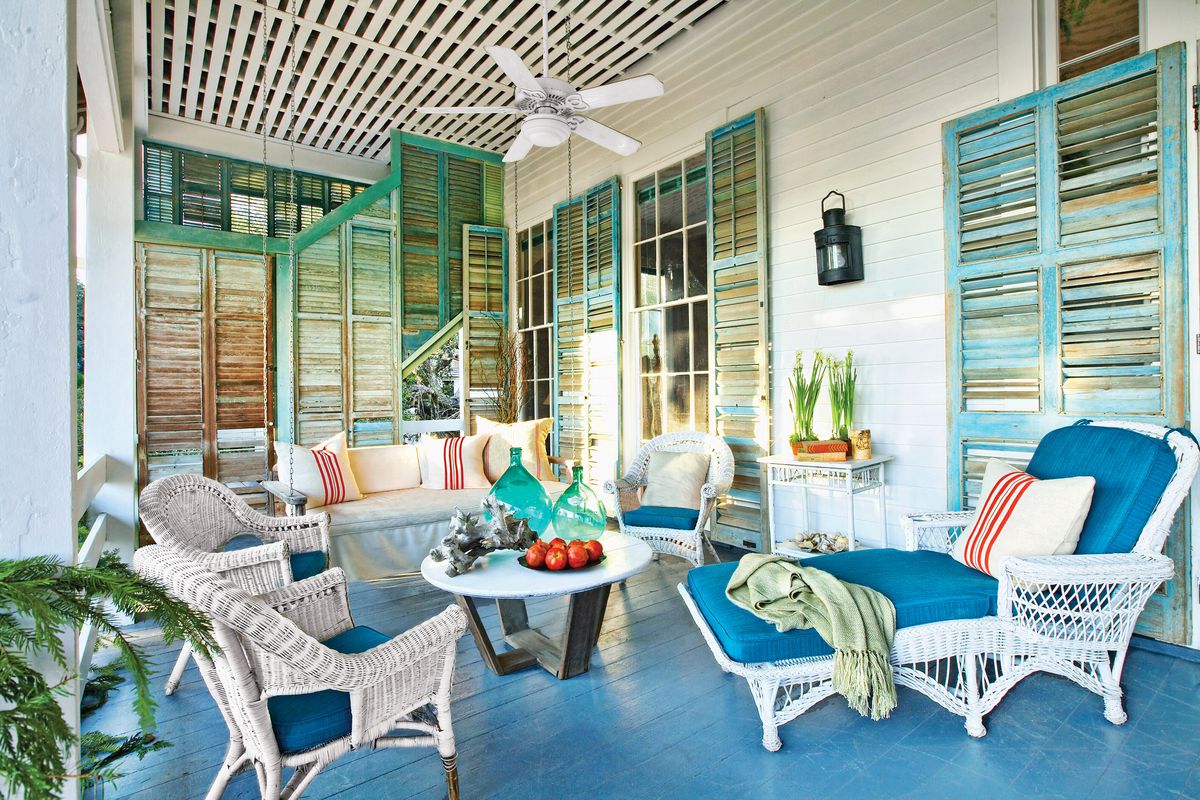 Porch lounge area divided by shutters