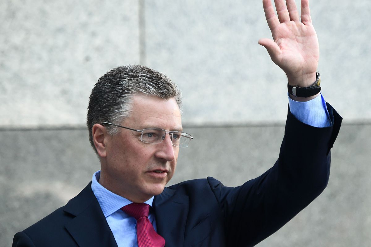 US special envoy for Ukraine Kurt Volker waves as he arrives prior to a press-conference in Kiev on July 27, 2019 following his visit in Ukraine