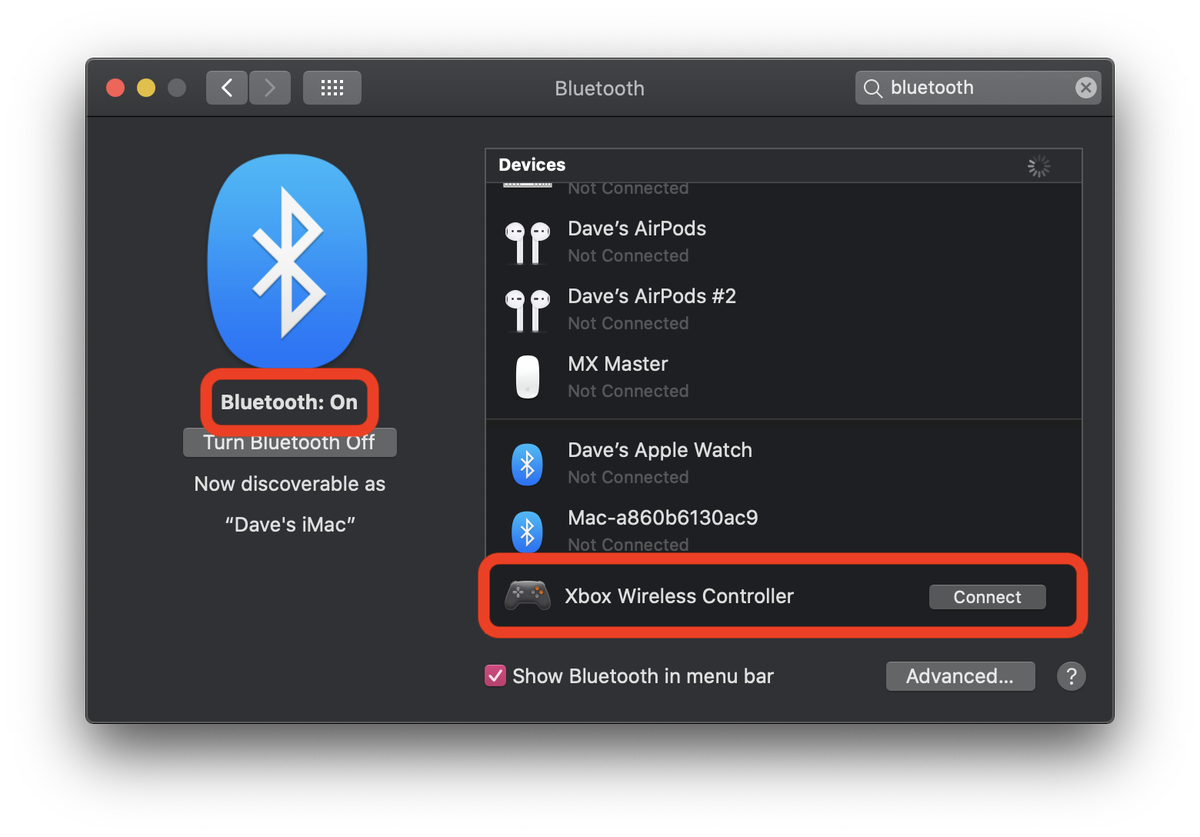 Pairing an Xbox controller with a Mac in the Bluetooth settings app