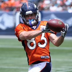 Broncos WR Wes Welker makes the grab during practice at Sports Authority Field at Mile High