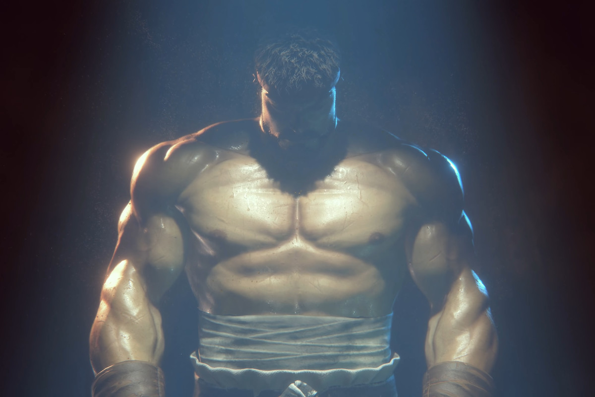 a super wide ryu stands in front of you. the light casts a shadow on his face, but dont worry we can see his broad shoulder and rippling muscles just fine.