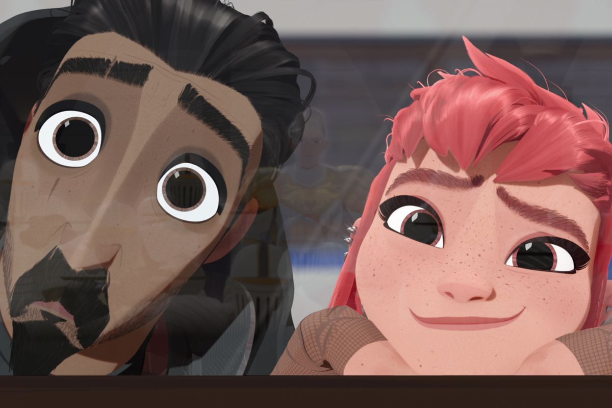 Ballister Boldheart, a dark-haired, big-eyed, goateed man, and his sidekick Nimona, a red-haired girl, stare directly into the camera, with him looking astonished and her smiling wistfully in a scene from Netflix’s animated movie Nimona