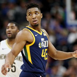 Utah Jazz guard Donovan Mitchell (45) looks back as the Pelicans bring the ball up court as the Utah Jazz and the New Orleans Pelicans play an NBA basketball game at Vivint Arena in Salt Lake City on Wednesday, Jan. 3, 2018. The Pelicans won 108-98.
