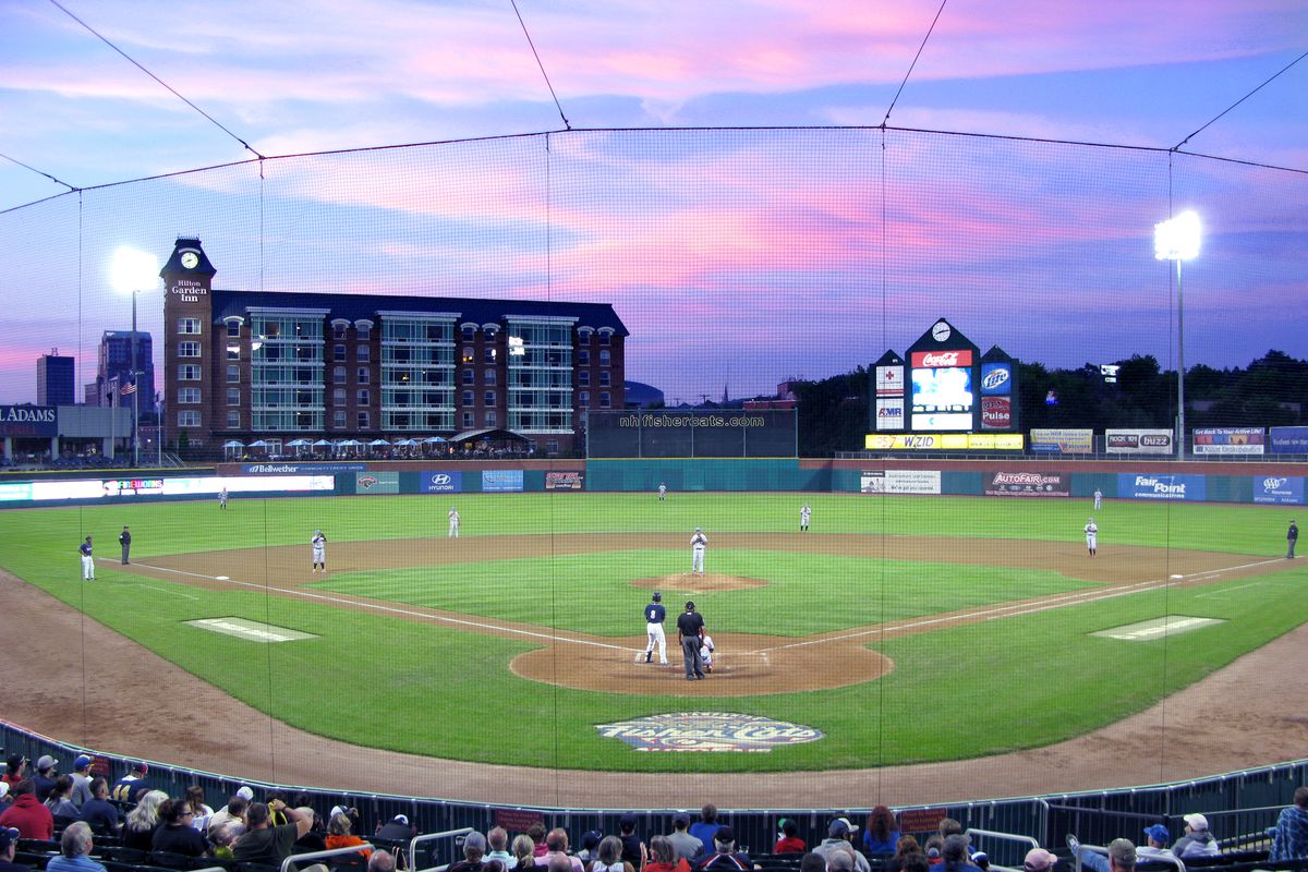 Beautiful dusk skies over Northeast Delta Dental Stadium where the Fisher Cats play.