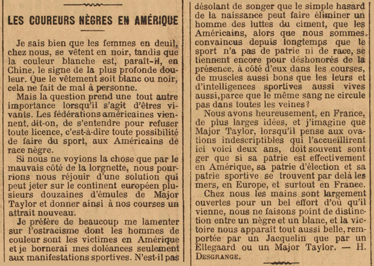 An April 1903 column penned by Henri Desgrange and speaking out against racism