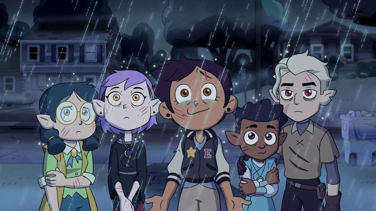 a dark haired pale girl with glasses, a purple haired pale girl, a tan girl, a short brown skinned boy, and a pale, blonde boy stand in the rain; they all look distressed