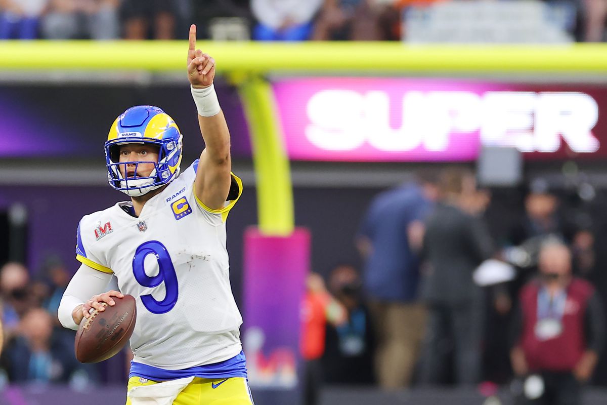 Matthew Stafford #9 of the Los Angeles Rams reacts during the second quarter of Super Bowl LVI against the Cincinnati Bengals at SoFi Stadium on February 13, 2022 in Inglewood, California.