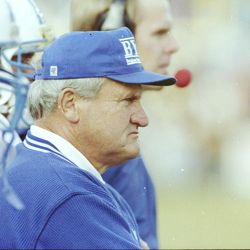 BYU head football coach LaVell Edwards coaches in December 1991.
