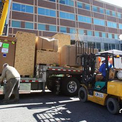 Components for a new intraoperative MRI system are moved into the University of Utah Clinical Neurosciences Center in Salt Lake City, Tuesday, Oct. 2, 2012. 