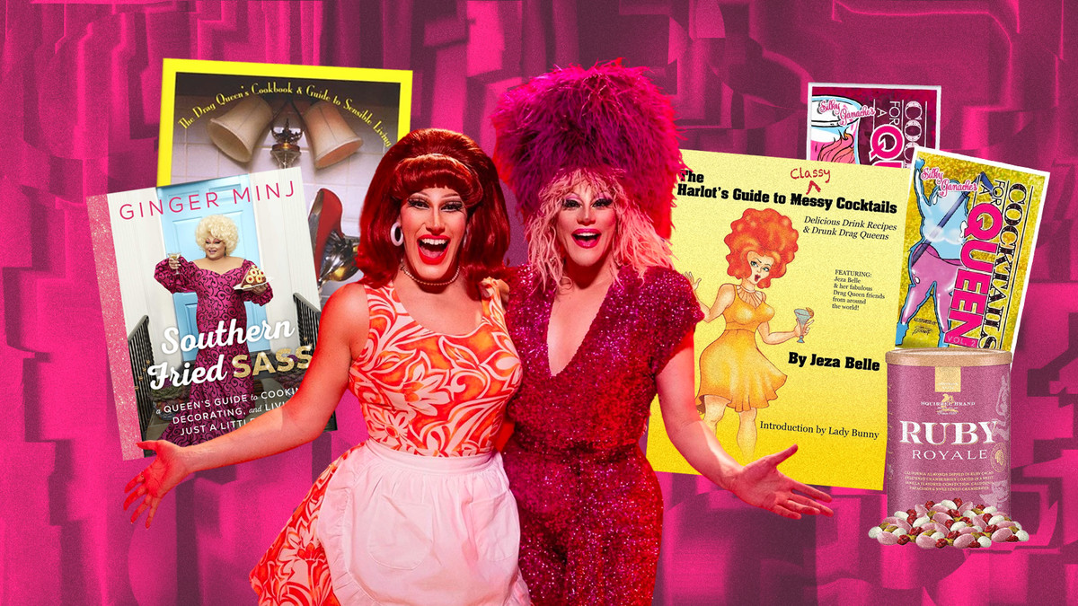 Two drag queens pose at the center of the collage. On either side of them are vintage and modern cookbooks by drag queens and cisgender women known as common references for how to navigate —or obliterate — social situations and societal expectations.
