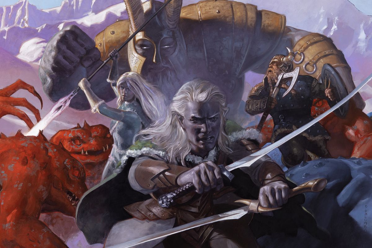 Drizzt Do’Urden and his famous twin swords battle red slaads on the cover art for Glacier’s Edge.