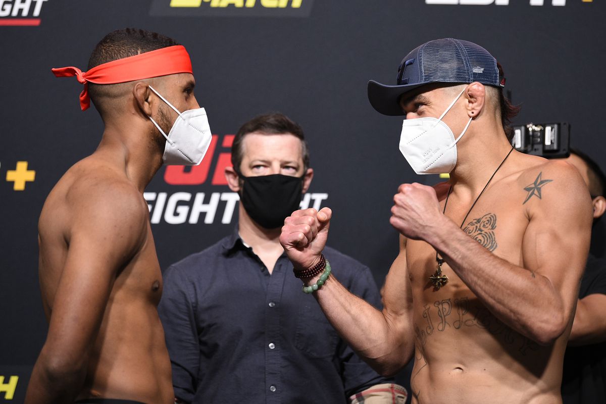 Opponents Youssef Zalal of Morocco and Peter Barrett face off during the UFC Fight Night weigh-in at UFC APEX on August 07, 2020 in Las Vegas, Nevada.