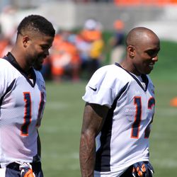 Broncos WRs Cody Latimer and Andre Caldwell enjoy a moment after practice