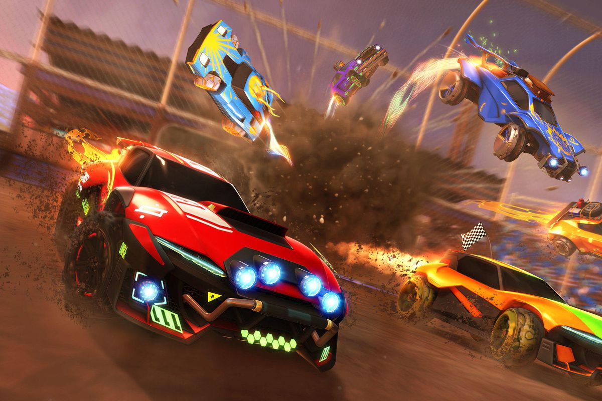 Cars emitting fire as they race through Rocket League
