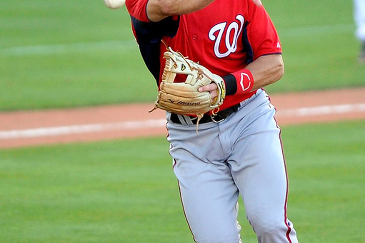 March 20, 2012; Port St Lucie, FL, USA; Washington Nationals second baseman Stephen Lombardozzi (1) makes a play during the spring training game against the New York Mets at Digital Domain Park. Mandatory Credit: Brad Barr-US PRESSWIRE