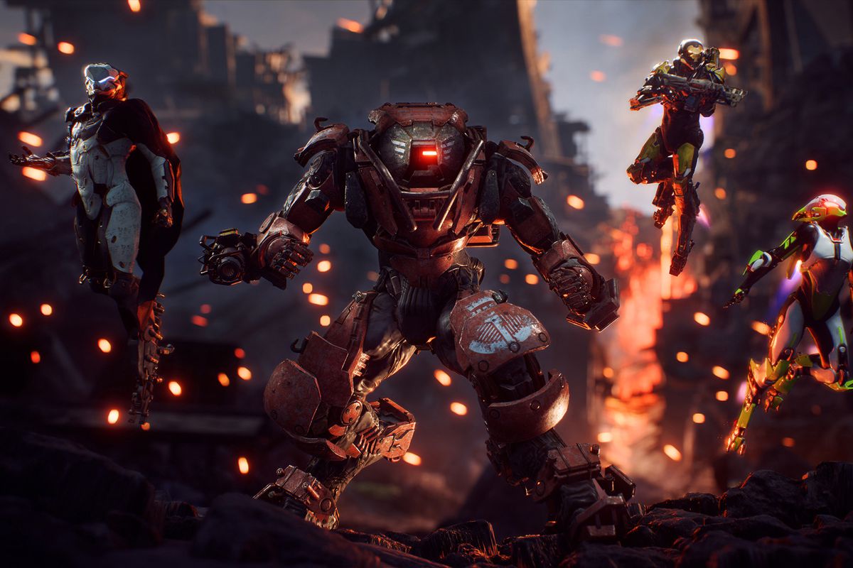 Four Javelins stand abreast in wreckage in a screenshot from Anthem.