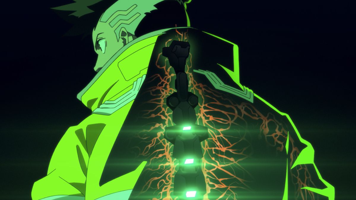 A shot of David from behind, with his robotic backbone lit up and lighting up the nerves in red from below, from the Cyberpunk Edgerunners anime