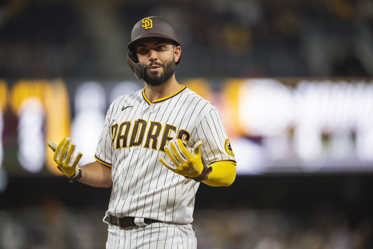 Eric Hosmer #30 of the San Diego Padres celebrates after an RBI single in the eighth inning against the Miami Marlins on August 9, 2021 at Petco Park in San Diego, California.