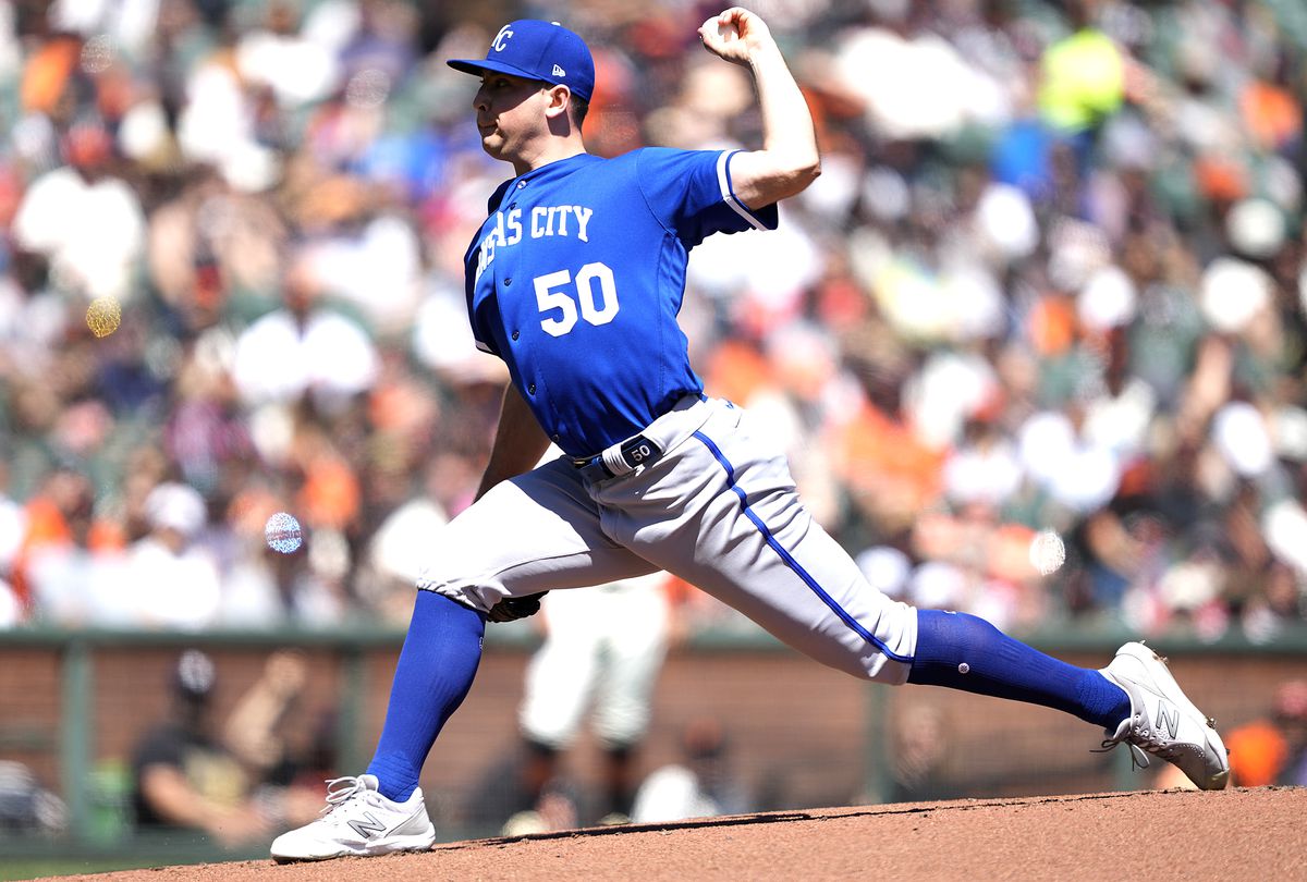 Kris Bubic #50 of the Kansas City Royals pitches against the San Francisco Giants in the bottom of the first inning at Oracle Park on April 09, 2023 in San Francisco, California.