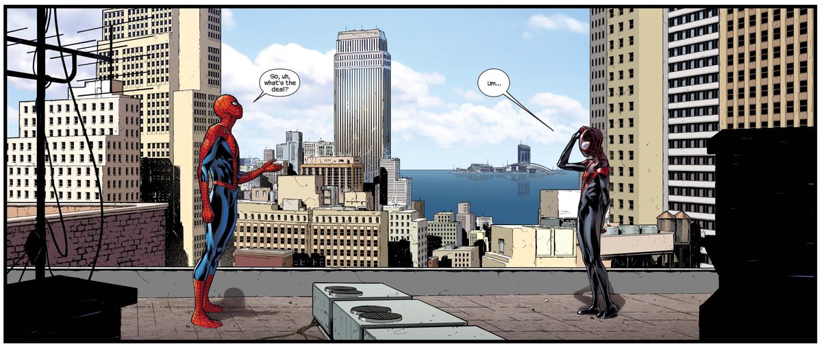 Peter Parker and Miles Morales in Spider-Men #2, Marvel Comics (2012). 