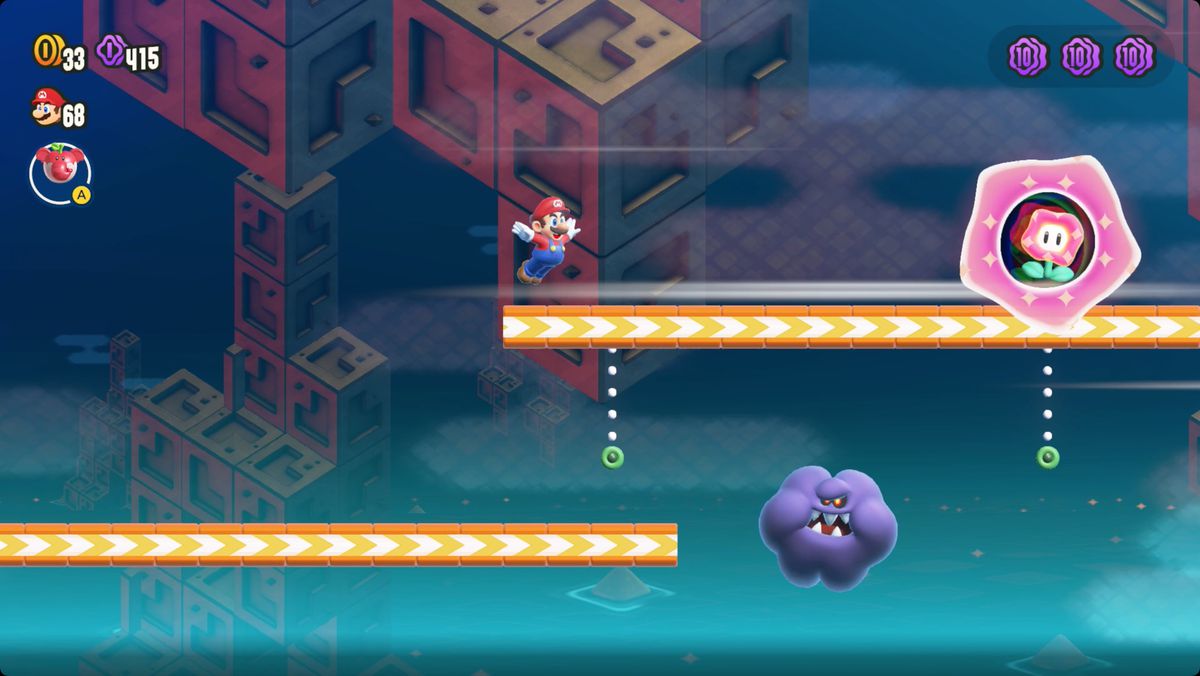 Super Mario Bros. Wonder The Final Trial: Zip Track Dash screenshot showing the Wonder Flower location.