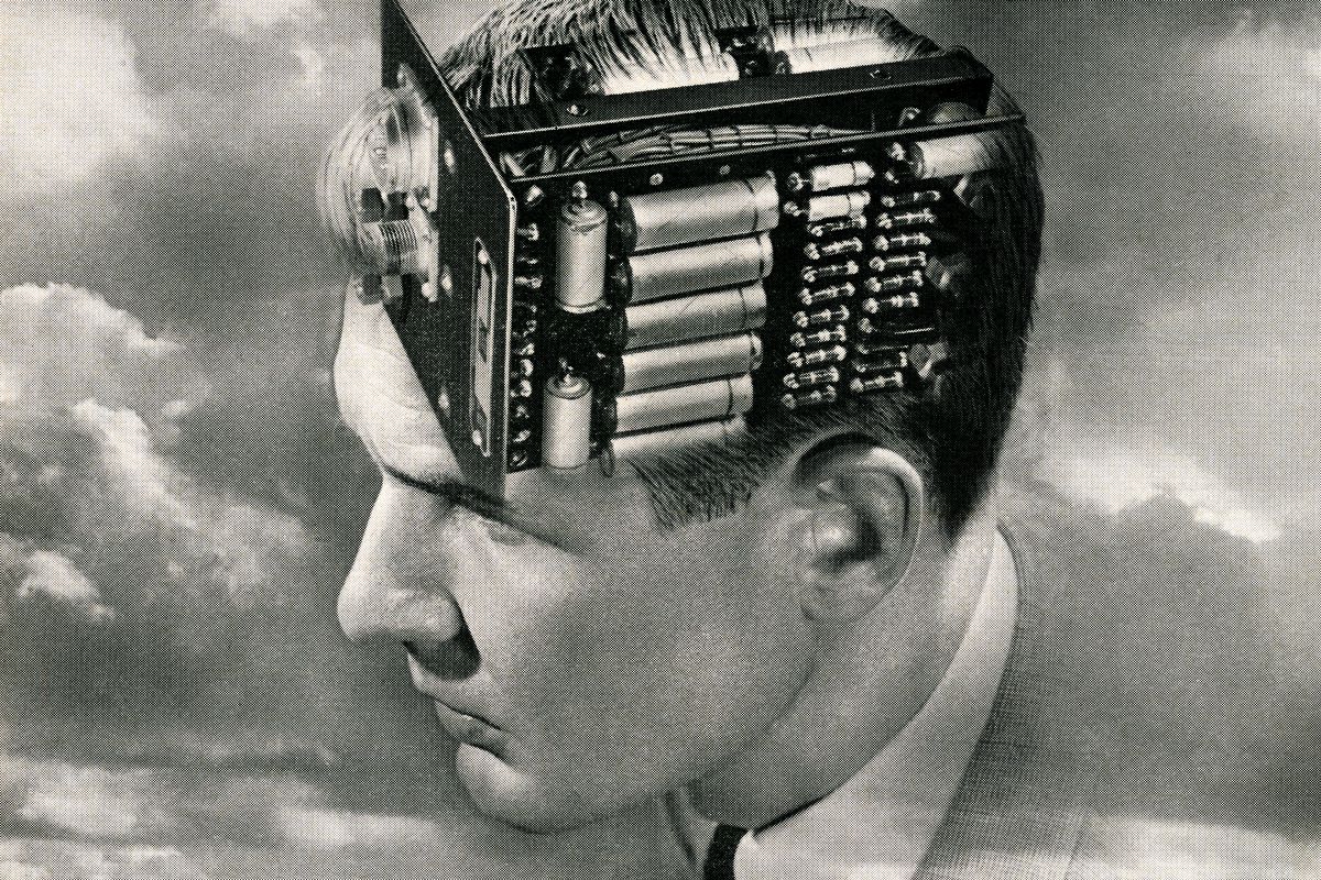 A vintage illustration of the head of a man with an electronic circuit board for a brain.