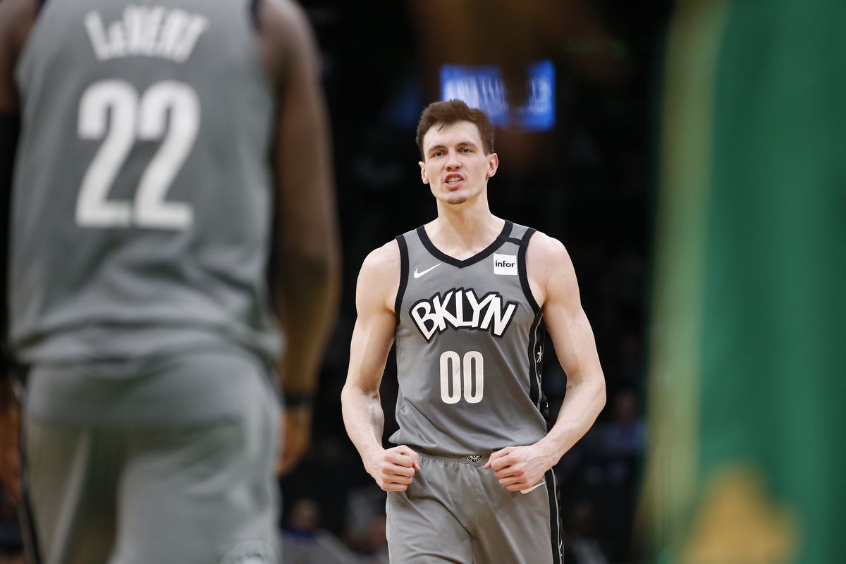 Brooklyn Nets forward Rodions Kurucs reacts during overtime against the Boston Celtics at TD Garden.